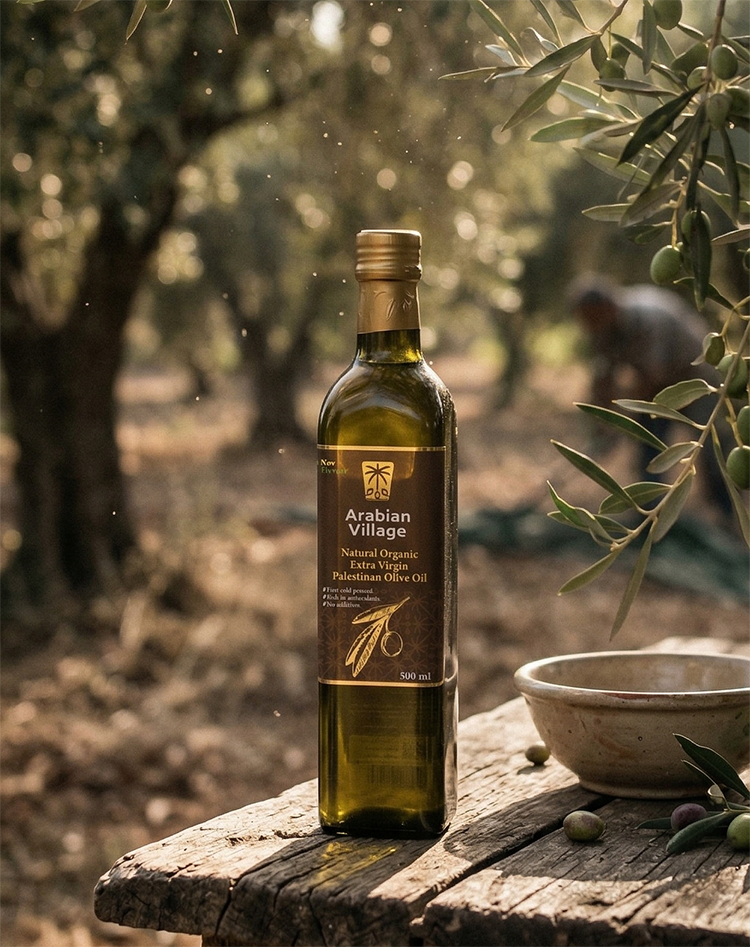 Arabian Village olive oil bottle among Palestinian olive groves in the field