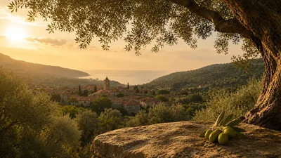 An old olive tree above a hillside grove, with a village and the sea behind it at sunset