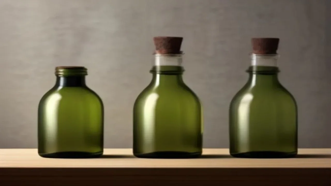 Tiga botol minyak zaitun kaca hijau gelap bersaiz berbeza berdiri sebaris di atas rak kayu