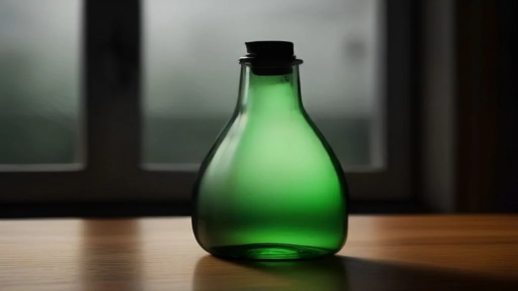 Tangan memegang botol kaca hijau gelap ke arah tingkap sehingga cahaya menembusi leher botol