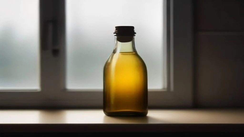 Botol kaca gelap berisi minyak zaitun dengan tutupnya dipasang rapat, berdiri di atas rak dapur berjubin di sudut yang teduh dan jauh dari tingkap