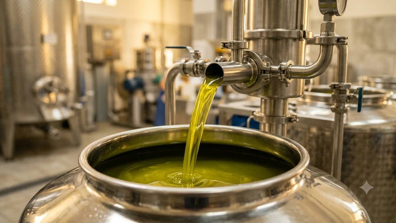 Green olive oil pouring from a stainless pipe into an open vat at the mill
