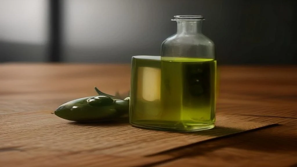 A bottle of cold pressed olive oil beside freshly picked green olives on a stone ledge