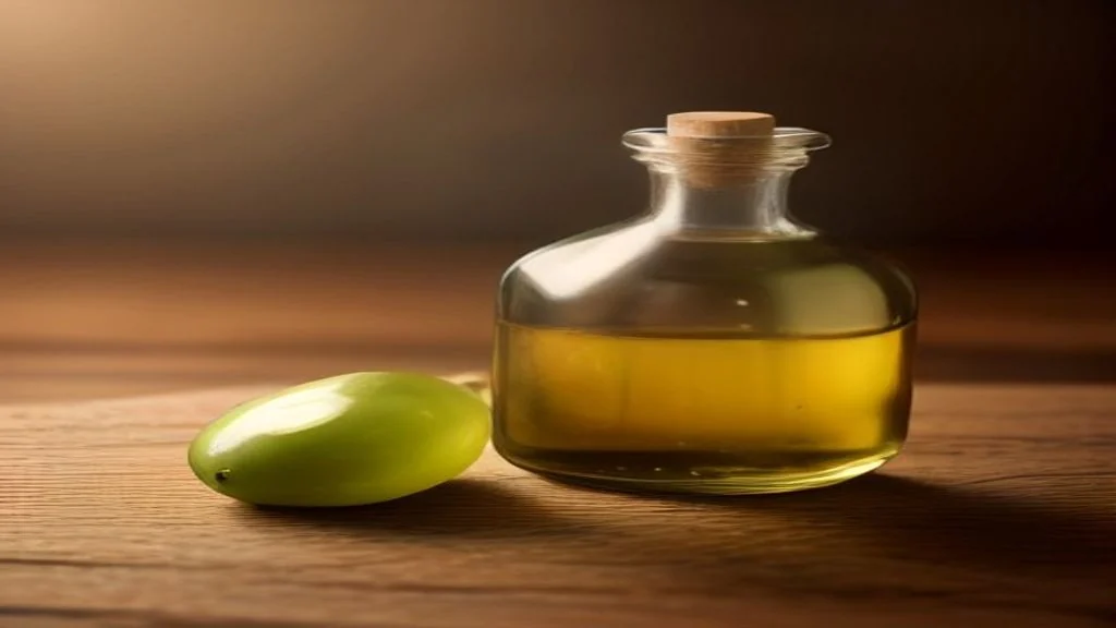 Close-up of an olive oil back label showing grade, origin and date printed together