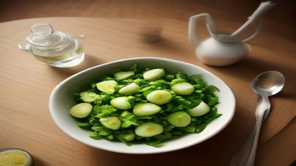Seen from above: a white ceramic bowl of mixed green salad leaves on a wooden table, beside a small glass jug of olive oil and a lemon half.