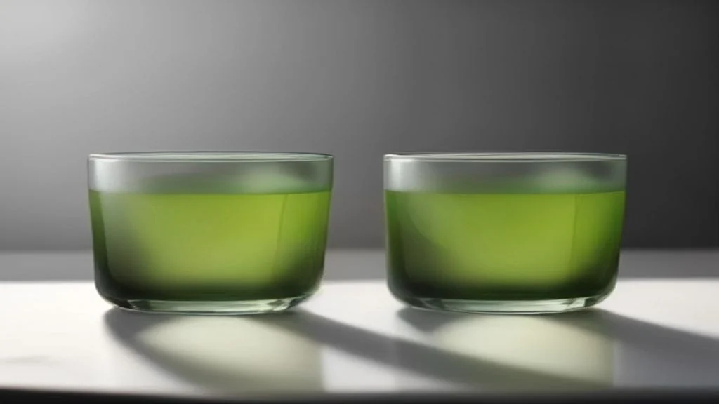 Two clear glass tumblers standing side by side on a marble surface against a plain background, one holding a deep green olive oil and the other a pale yellow one.