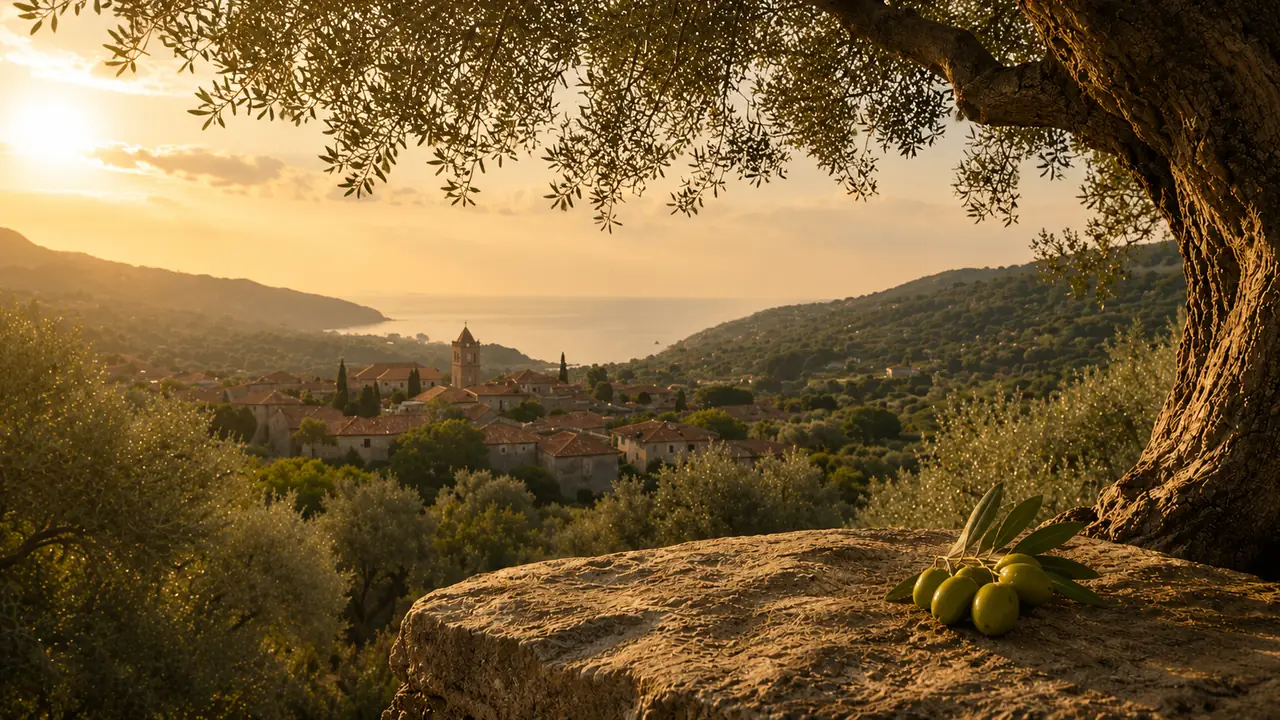 An old olive tree above a hillside grove, with a village and the sea behind it at sunset