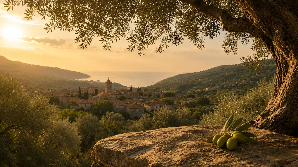 An old olive tree above a hillside grove, with a village and the sea behind it at sunset