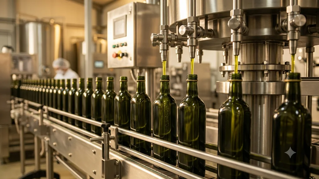Dark glass bottles moving along a filling line under stainless steel filling heads
