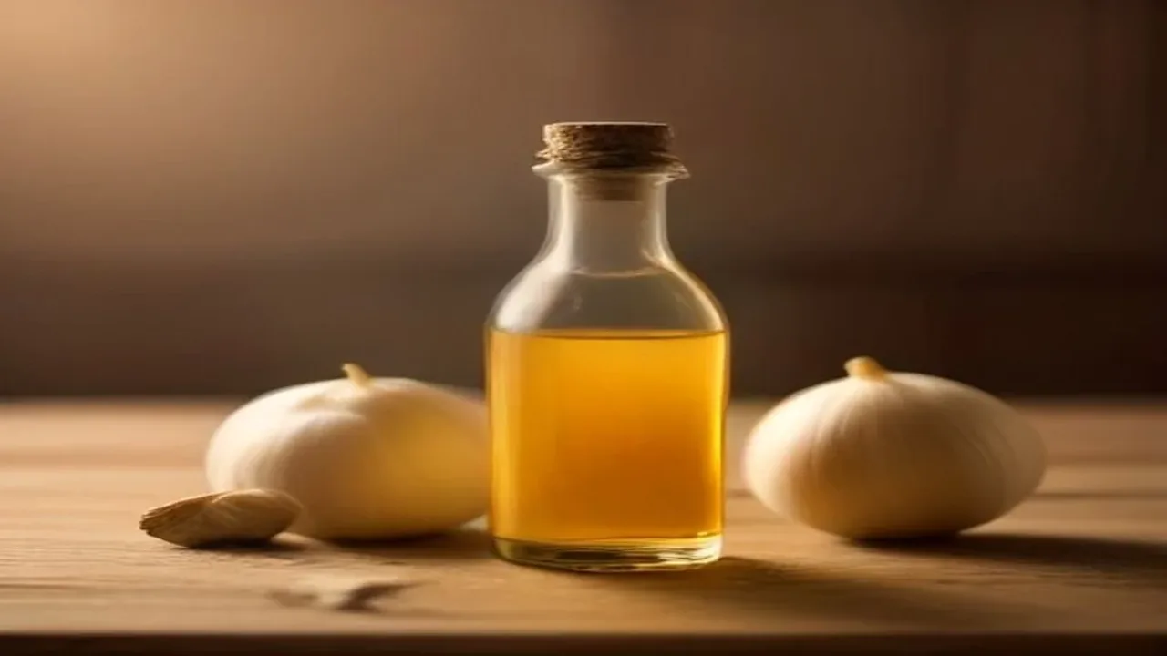 A glass bottle of golden olive oil on a wooden board with two whole garlic bulbs beside it