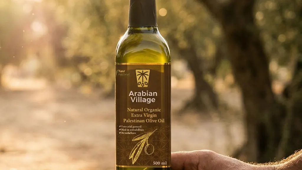 A bottle of olive oil held at the edge of a sunlit olive grove, a stone ledge and an olive branch in the frame