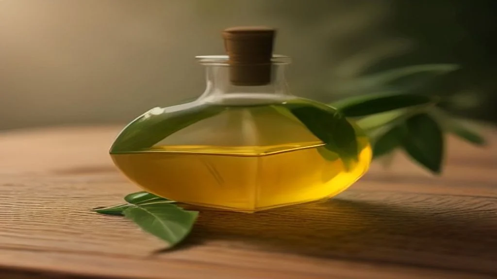 A bottle of Palestinian cold-pressed extra virgin olive oil on a kitchen counter, back label facing the reader for a halal olive oil ingredient check