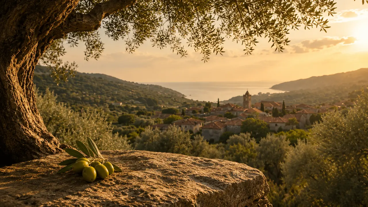 Olive trees on a hillside at sunset, the grove running down towards the sea