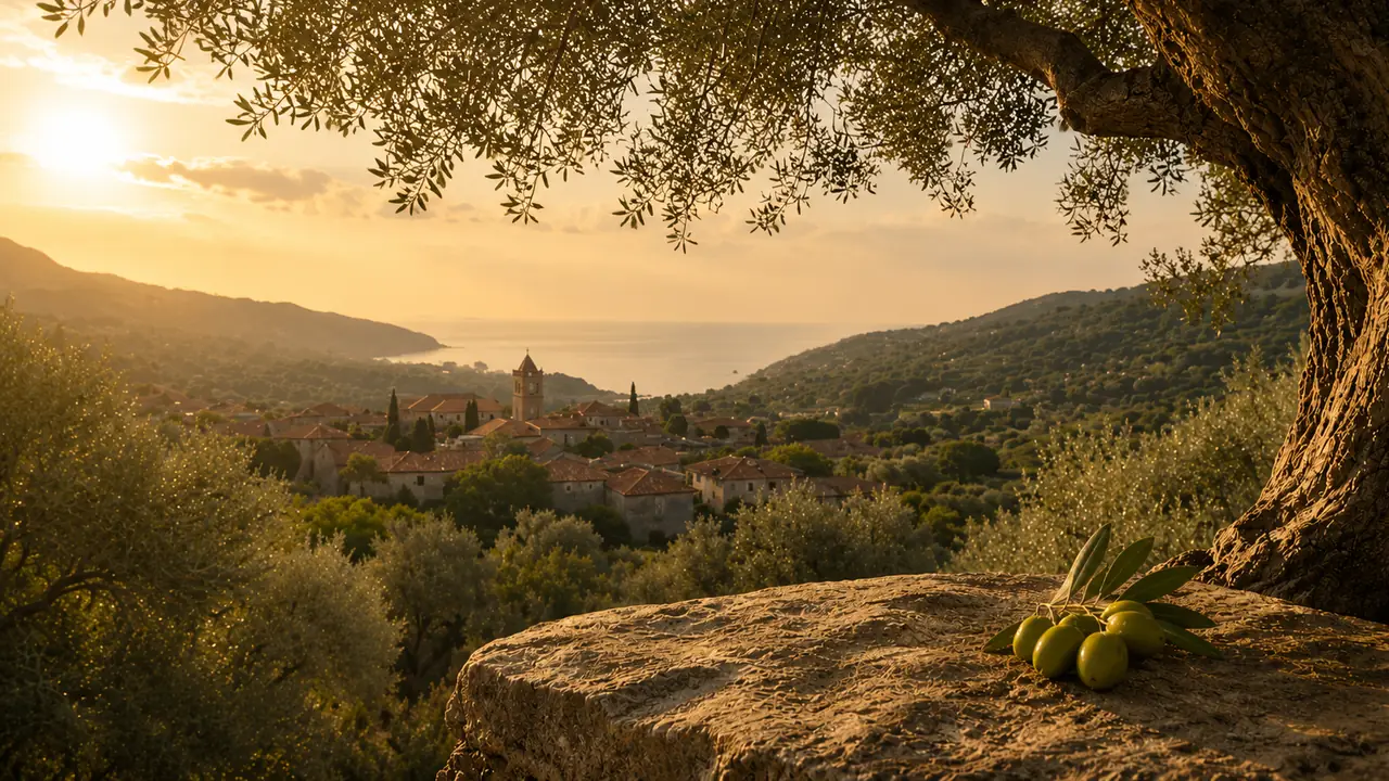 An old olive tree above a hillside grove, with a village and the sea behind it at sunset