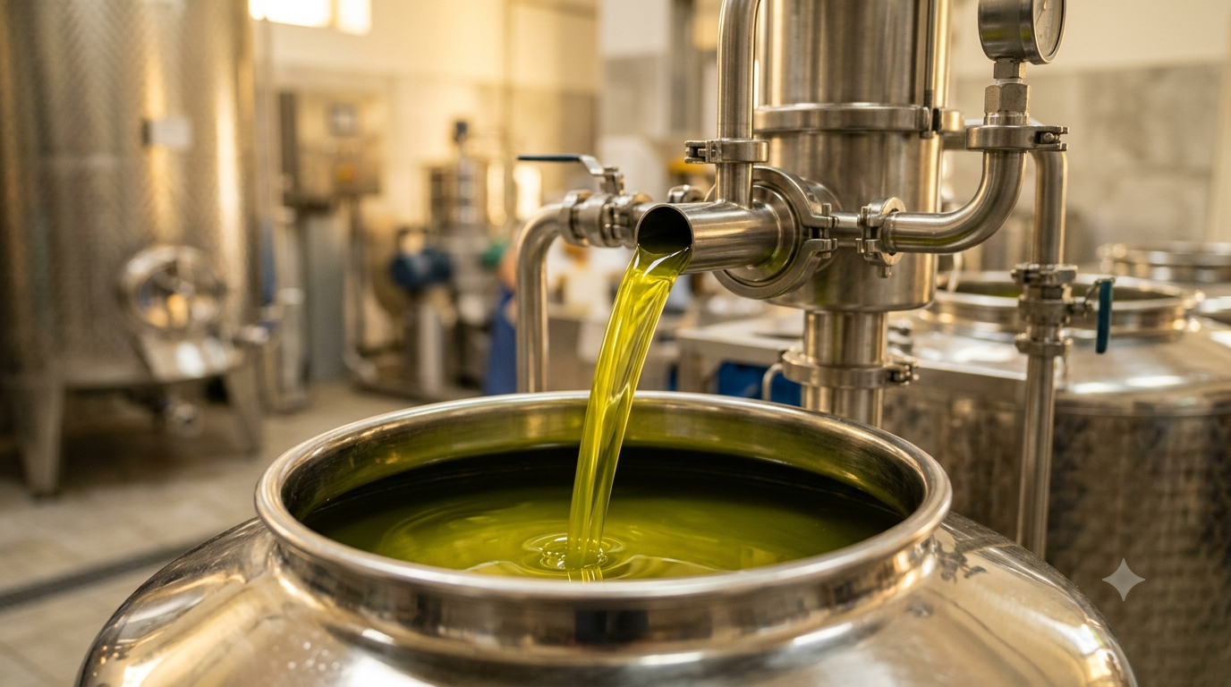 Golden green olive oil being filtered and settled after the first cold press