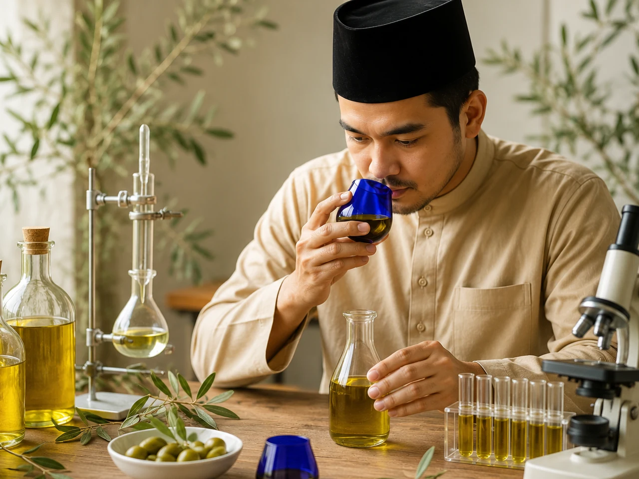 رجل ماليزي يرتدي السونكوك يقيّم رائحة زيت الزيتون البكر الممتاز من كأس تذوّق زرقاء
