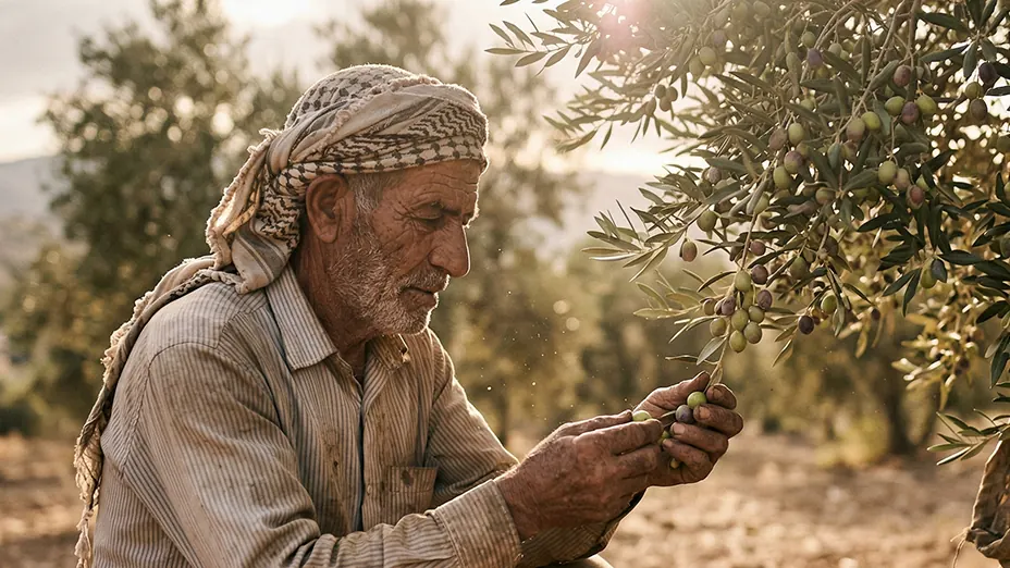 مزارع فلسطيني يرتدي الكوفية يفحص ثمار الزيتون على الغصن أثناء موسم القطاف