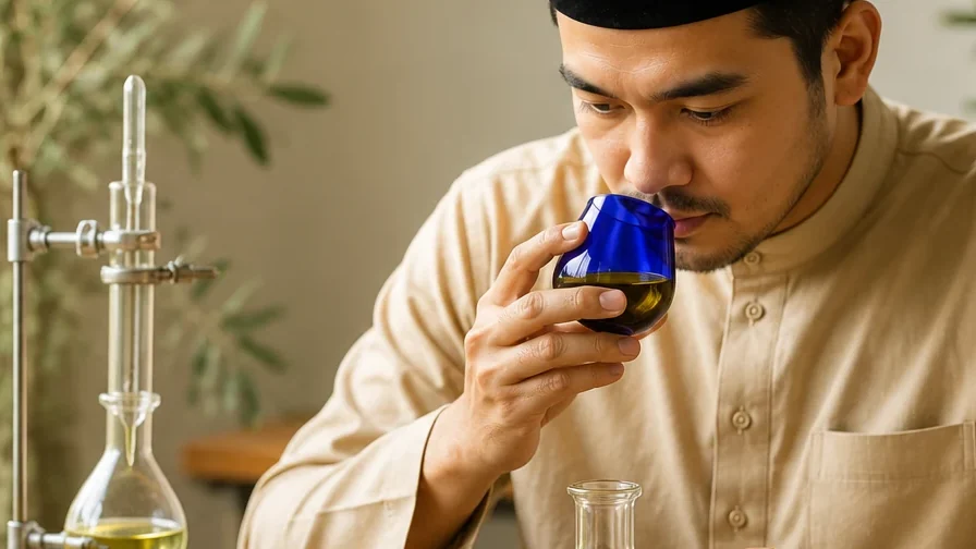 Lelaki Malaysia bersongkok menghidu segelas penilai berwarna biru kobalt berisi minyak zaitun, dengan kelalang kaca di atas bangku kayu di hadapannya