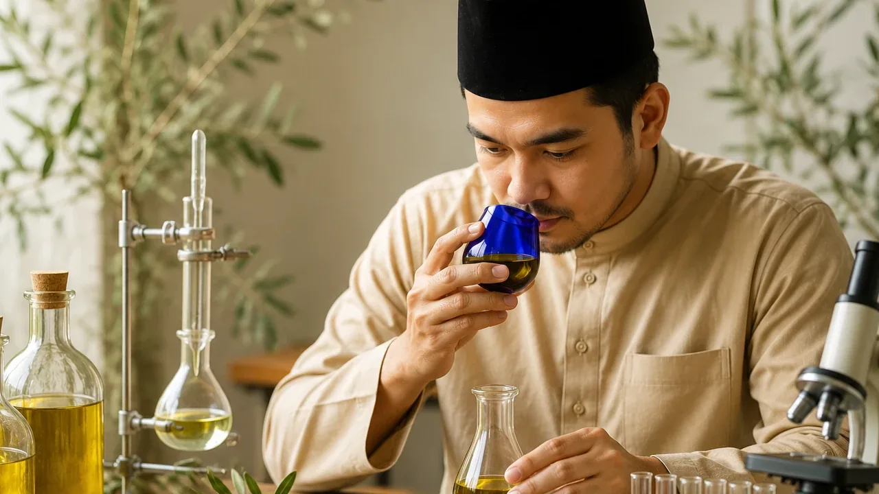 Seorang lelaki bersongkok menghidu minyak zaitun dari gelas rasa biru di meja makmal, dengan kelalang sampel dan mikroskop di belakangnya.