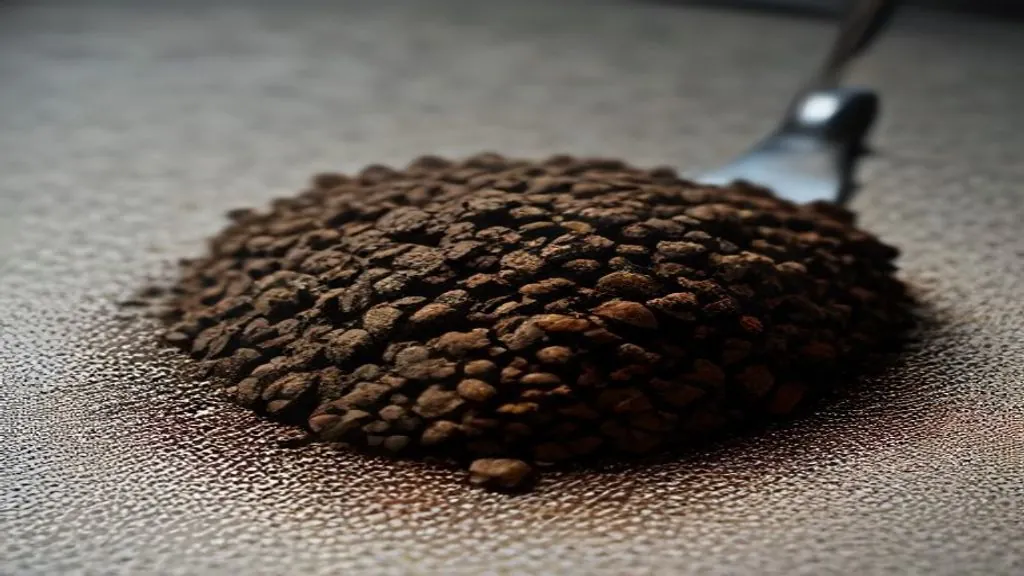Timbunan hampas zaitun coklat gelap di atas lantai konkrit sebuah kilang, dengan penyodok besi bersandar di tepinya