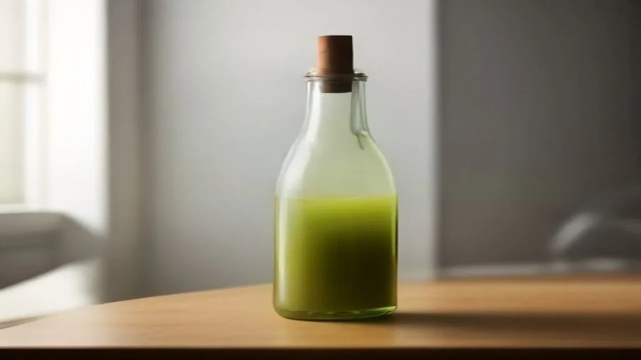 Sebotol kaca minyak zaitun hijau di atas meja kayu dapur dengan cahaya siang dari tingkap