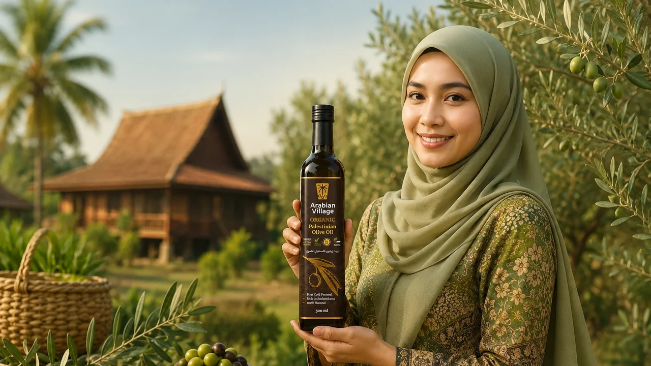 Wanita bertudung hijau memegang botol minyak zaitun Arabian Village di hadapan rumah kampung kayu, dengan semangkuk buah zaitun hijau dan hitam serta bakul rotan di atas meja