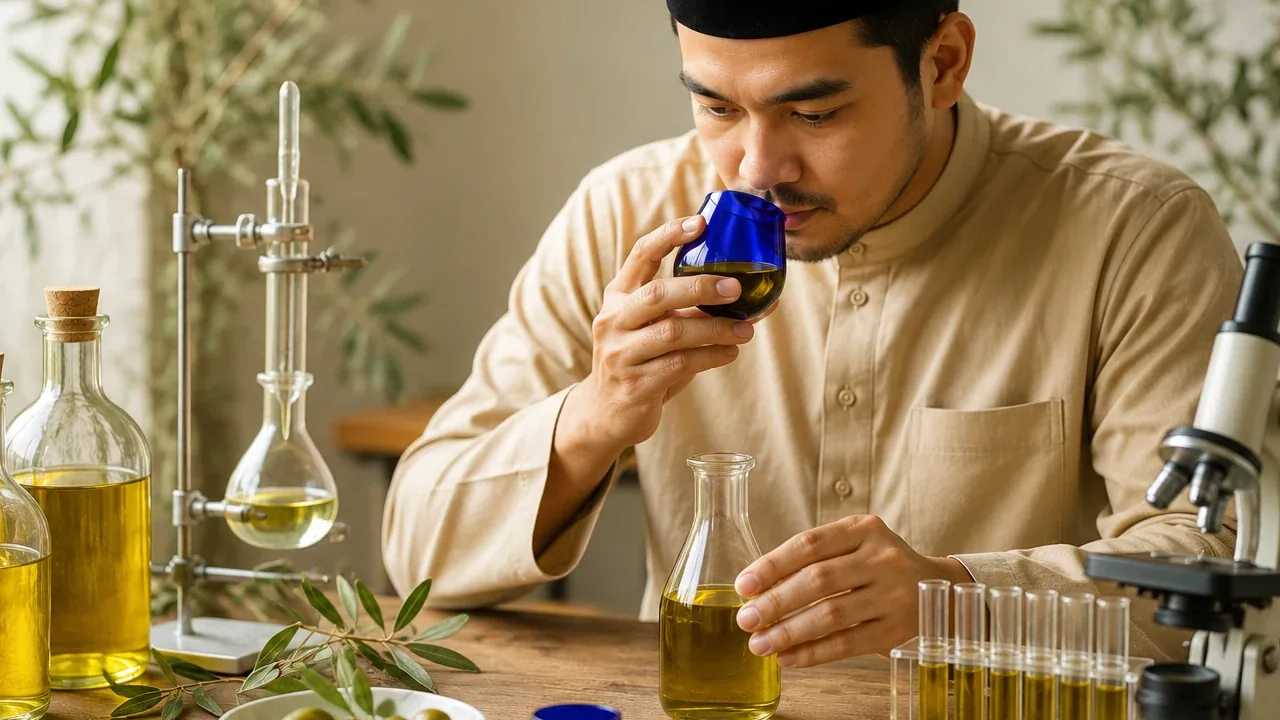 Seorang lelaki bersongkok menghidu minyak zaitun dari gelas rasa biru di meja kelalang sampel