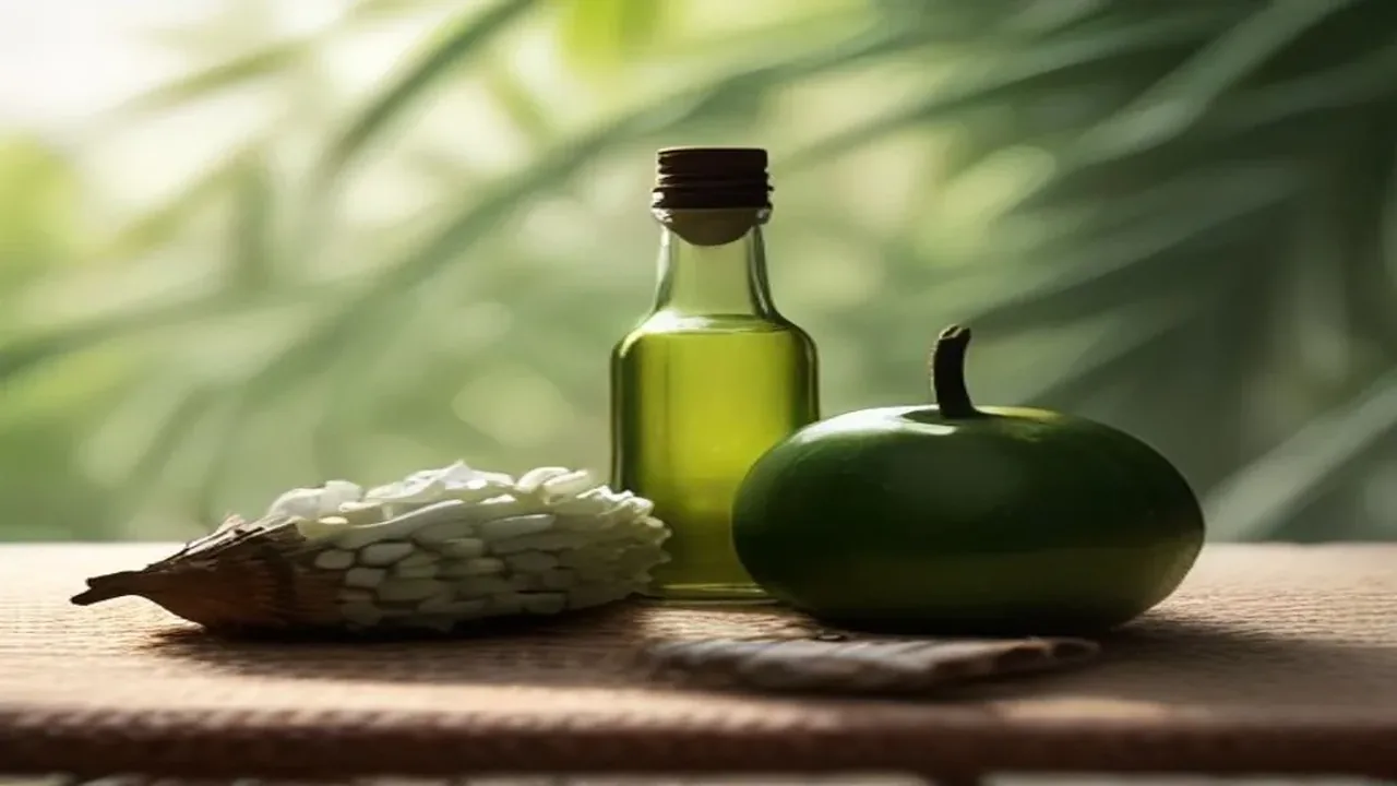 Sebotol kaca minyak zaitun hijau di sebelah kelapa muda dan isi kelapa parut putih di atas tikar anyaman
