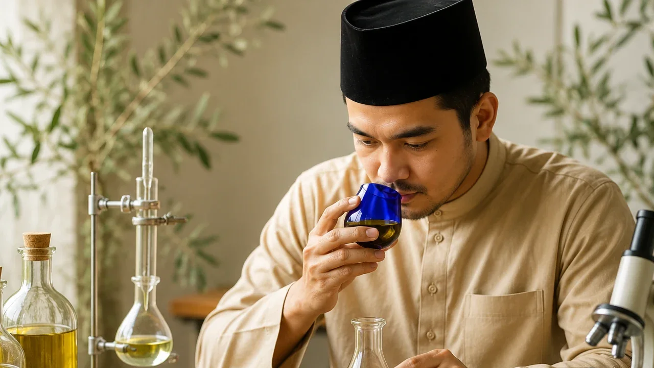 Seorang lelaki bersongkok menghidu minyak zaitun dari gelas rasa biru di meja kelalang sampel