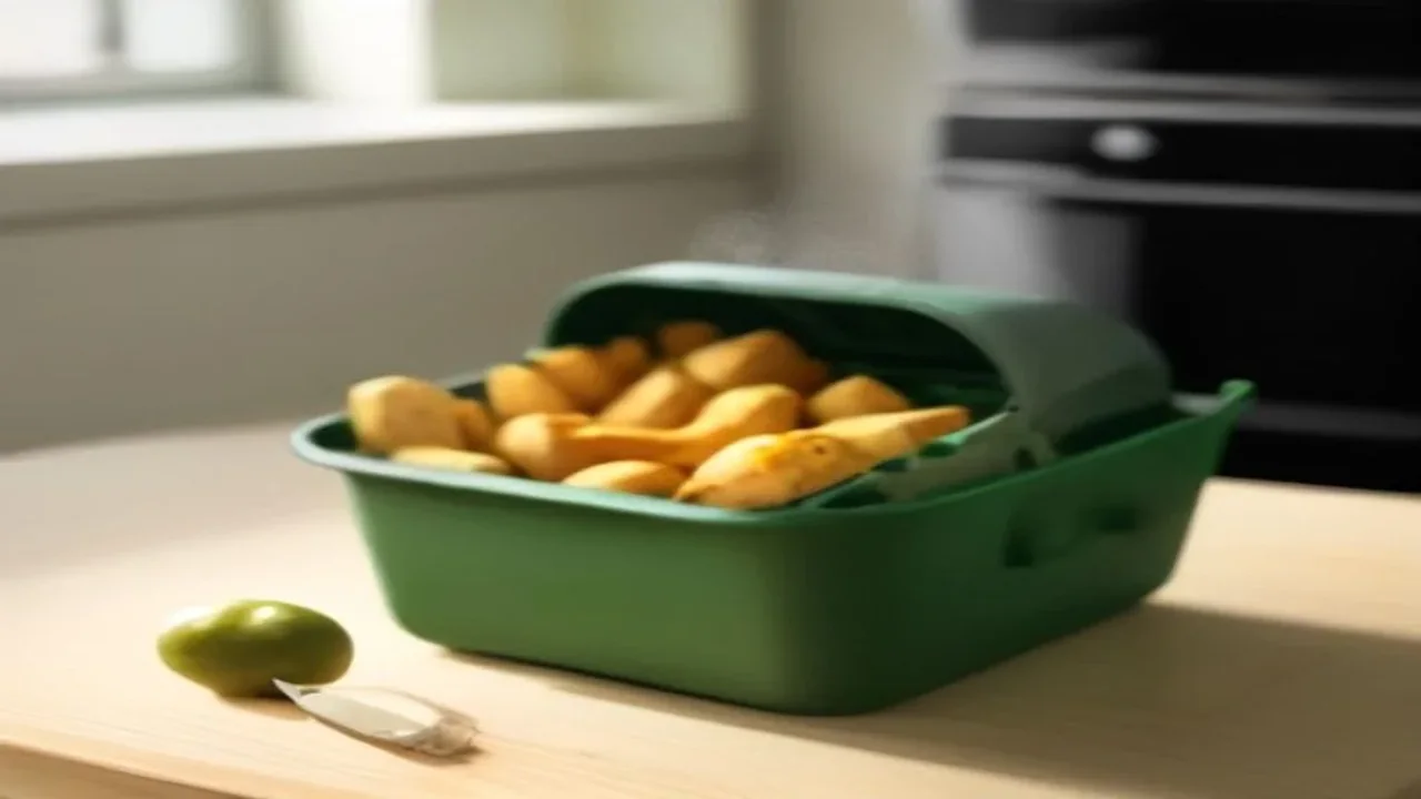 A green kitchen basket holding cooked potato wedges on a wooden counter, a small spoon and a single olive beside it, an oven in the background.