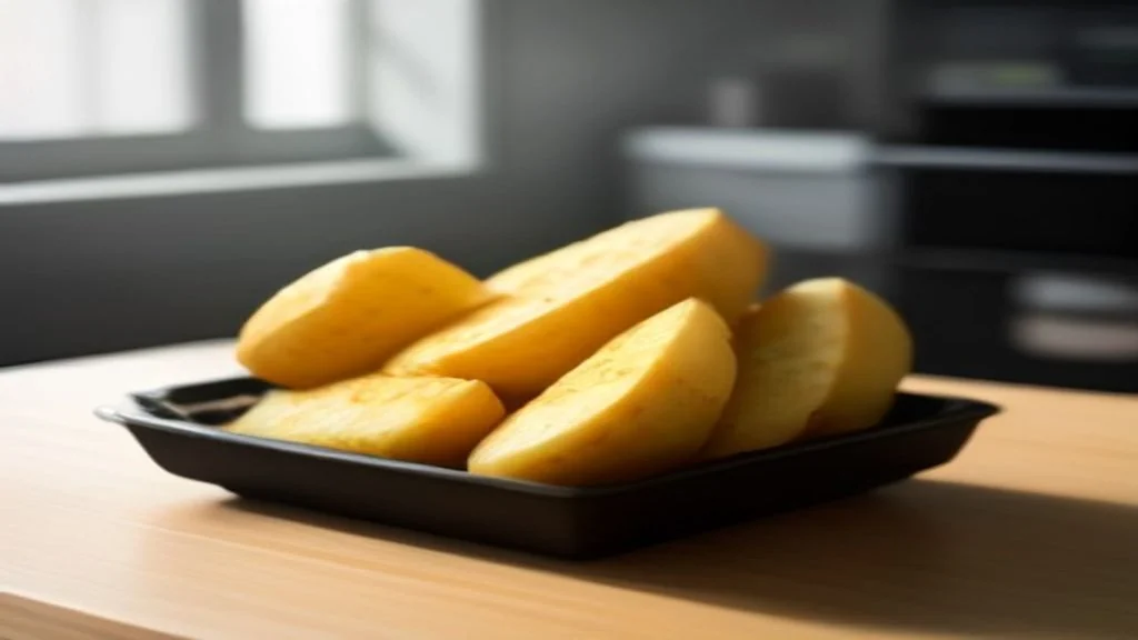 Close view of potato wedges on a metal air fryer tray being brushed with olive oil using a silicone pastry brush.