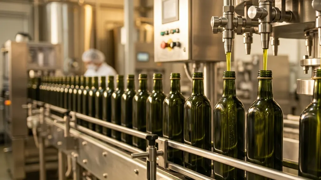 Dark glass olive oil bottles moving along a filling line under stainless steel filling heads