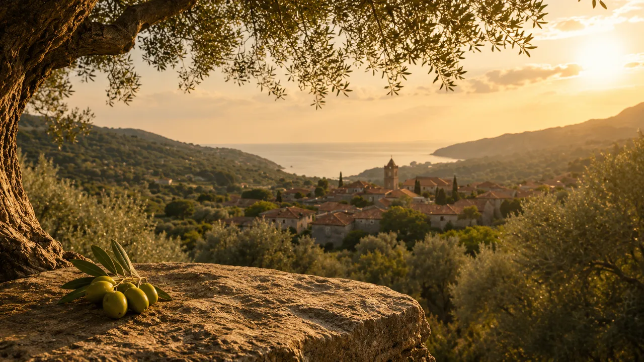 Olive trees on a hillside at sunset, the grove running down towards the sea