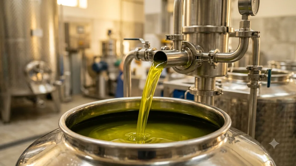 Green olive oil pouring from a stainless pipe into an open vat at the mill