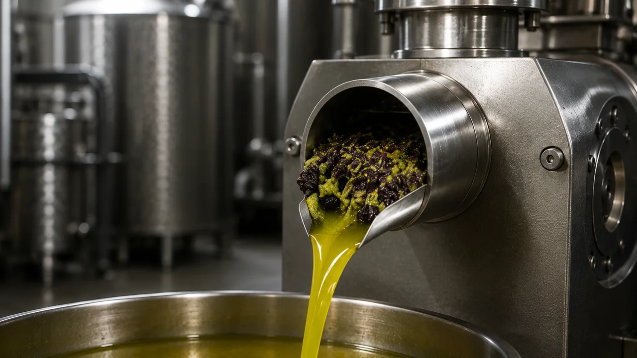 Olive paste coming out of a stainless mill with green oil running into the vat below