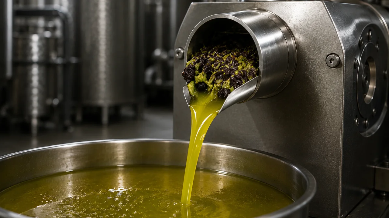 Olive paste coming out of a stainless mill with green oil running into the vat below