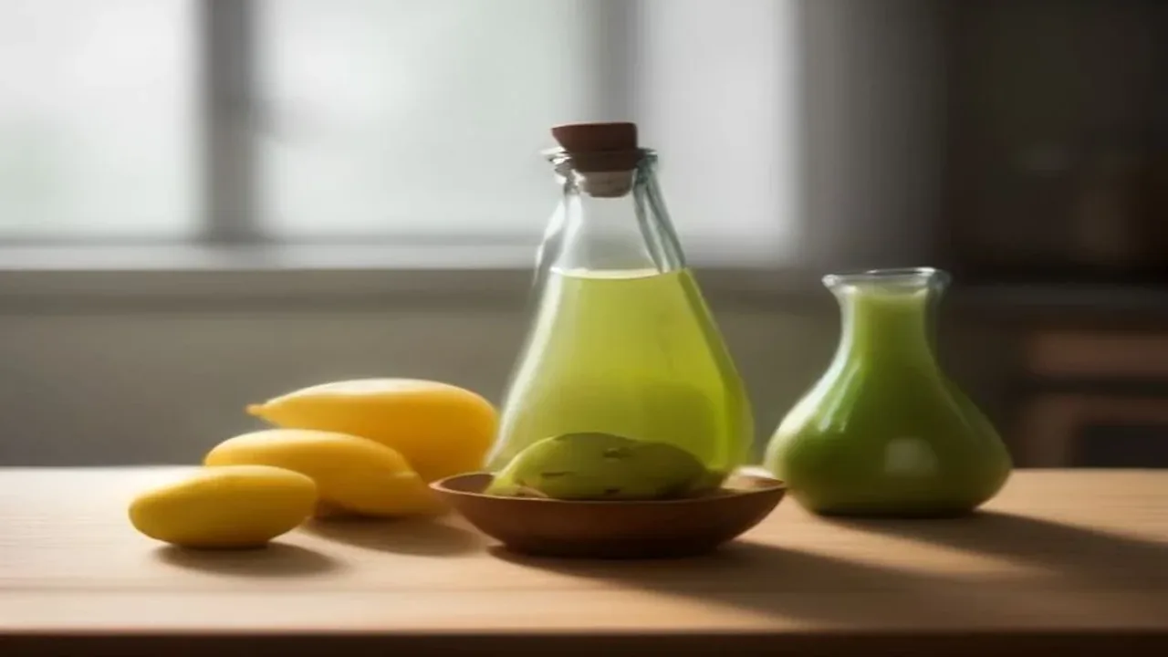 A glass carafe of green olive oil and lemons on a wooden kitchen table beside a window