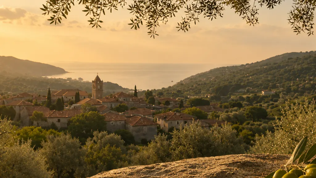An old olive tree framing a hillside village and the sea at sunset, with olives resting on the stone ledge