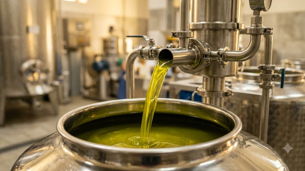 Olive oil pouring in a steady stream from a stainless steel pipe into an open vat, the surface below already covered in green-gold oil.