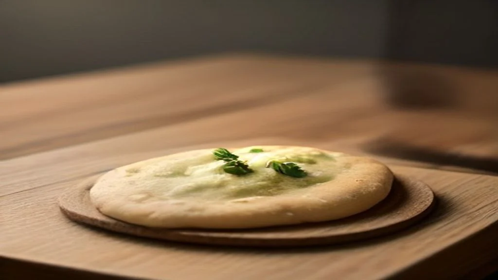 A small white saucer of green olive oil on a wooden board, with torn pieces of flatbread beside it and a spoon holding dried thyme.