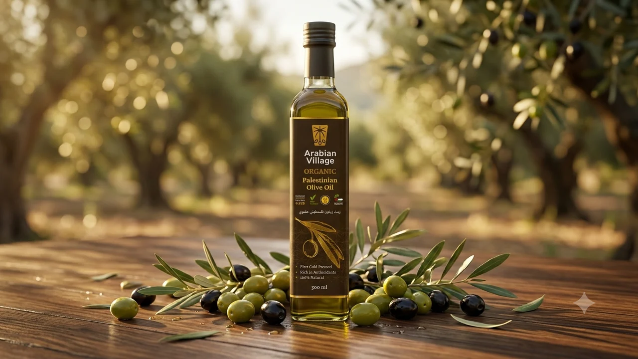 A bottle of Arabian Village Palestinian olive oil for cooking standing on a weathered wooden table, green and dark olives and olive leaves scattered at its base, an olive grove blurred in warm late light behind