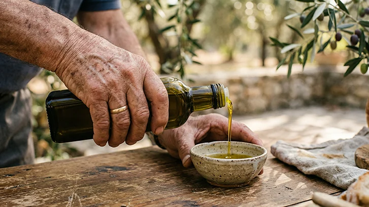Weathered hands pouring olive oil from a dark bottle into a small speckled ceramic dipping bowl on a rough wooden table, a linen cloth and bread to the right