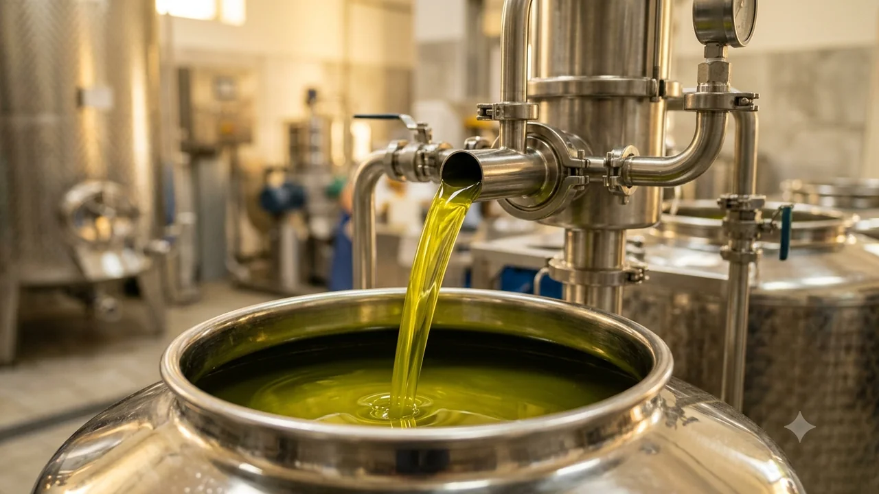 Green olive oil pouring from a stainless pipe into an open vat at the mill