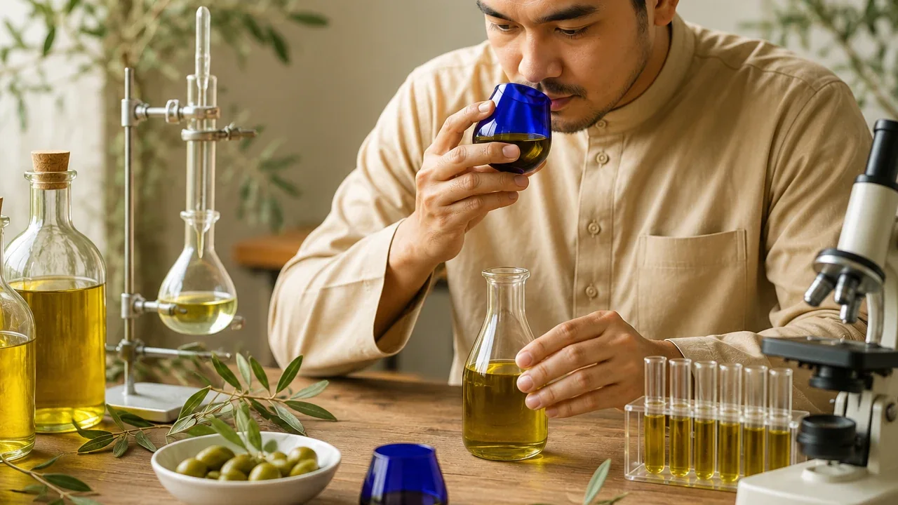 A man in a songkok nosing olive oil from a blue tasting glass at a bench of sample flasks