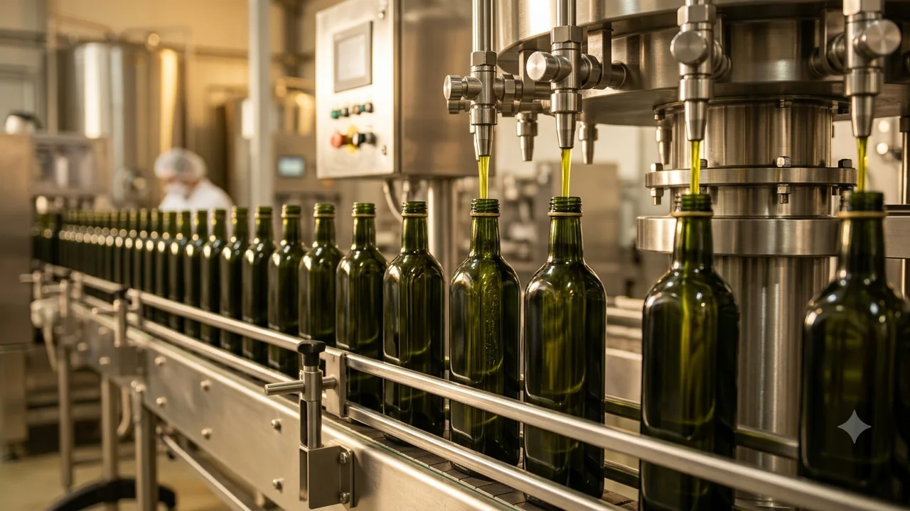 Dark glass bottles moving along a filling line under stainless steel filling heads