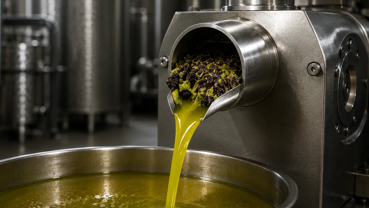 Olive paste coming out of a stainless mill with green oil running into the vat below