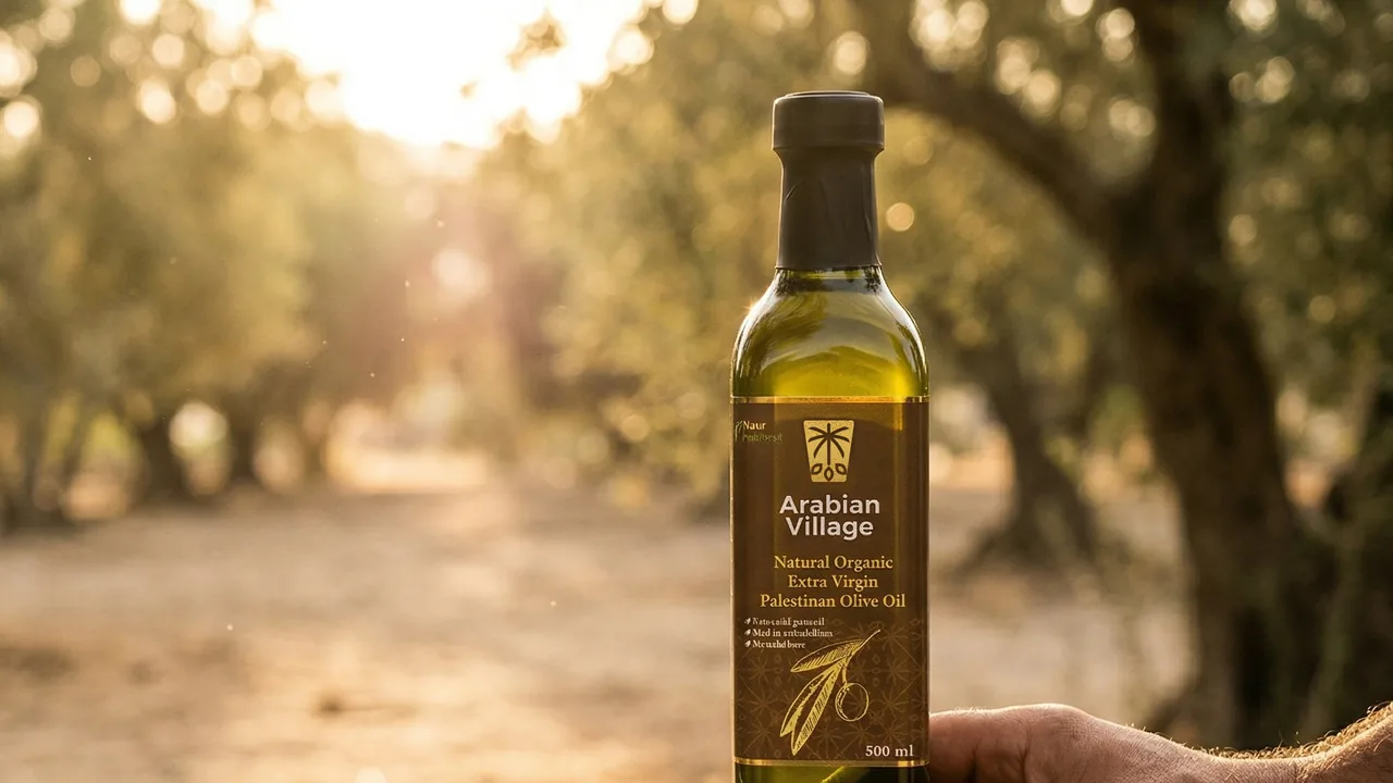 A hand holding a bottle of olive oil at the edge of a sunlit olive grove, with a stone ledge and an olive branch in the frame and a path receding between the trees behind.