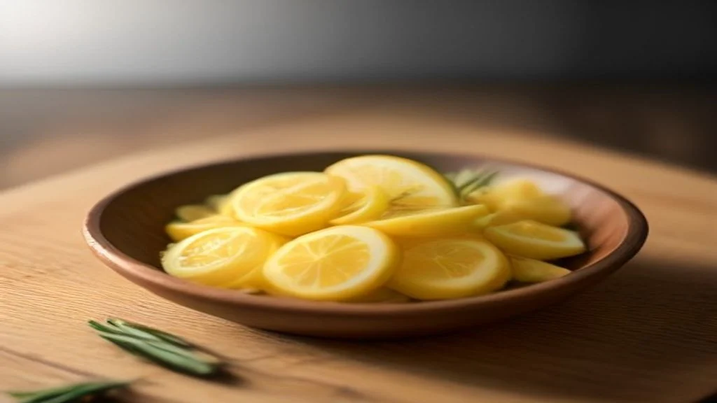 A shallow glass dish of raw chicken pieces coated in olive oil marinade, with whole garlic cloves, lemon slices and sprigs of rosemary tucked between them, on a wooden table.