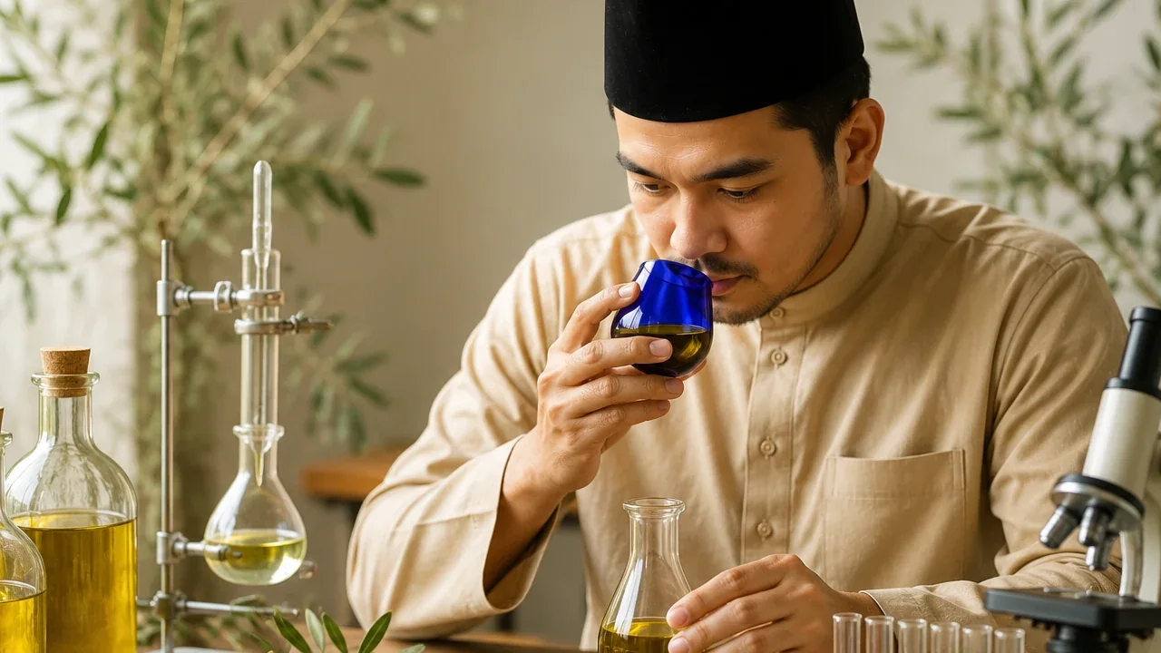 A man in a songkok nosing olive oil from a blue tasting glass at a bench of sample flasks