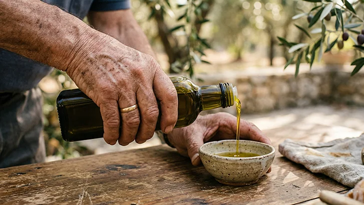 A farmer pouring olive oil from a dark bottle into a stoneware bowl on a wooden table